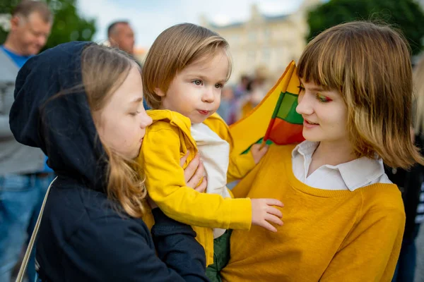 Two Big Sisters Cute Toddler Boy Holding Tricolor Lithuanian Flag — Stock Photo, Image