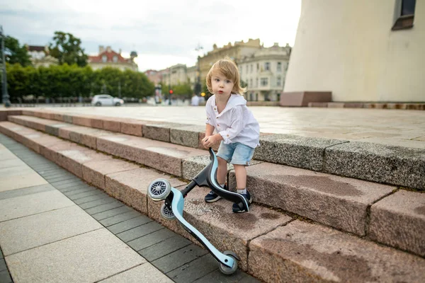 Funny Toddler Boy Riding Baby Scooter Outdoors Summer Day Kid — Stock Photo, Image
