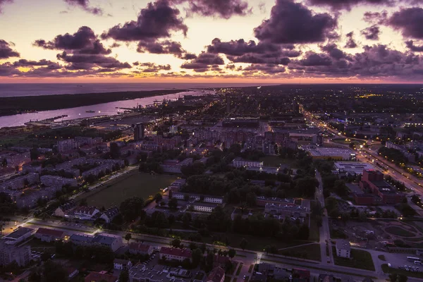 Vue Aérienne Panoramique Vieille Ville Klaipeda Lituanie Lumière Soir Violette — Photo