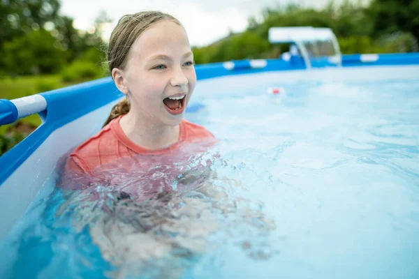 Funny Laughing Teenage Girl Having Fun Outdoor Pool Child Learning — Stock Photo, Image
