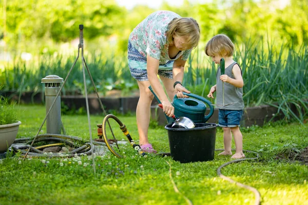 Menino Bonito Criança Ajudando Jardim Dia Ensolarado Verão Criança Explorando — Fotografia de Stock