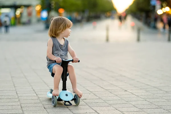夏の日に屋外のベビースクーターに乗る面白い幼児の少年 ミニバイクで子供のトレーニングバランス 小さな子供のための夏の活動 — ストック写真