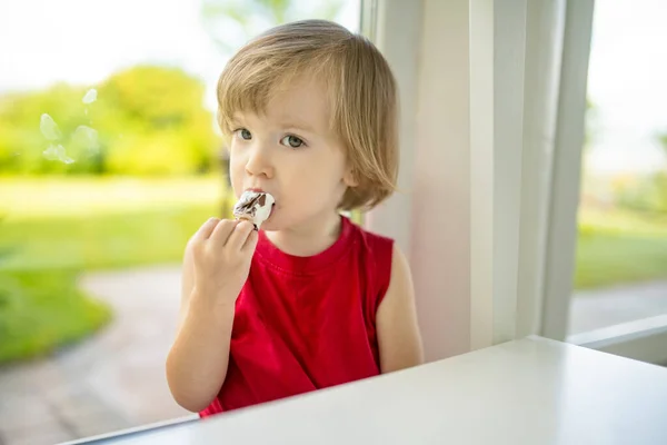 Roztomilý Batole Chlapec Jíst Chutnou Čerstvou Zmrzlinu Doma Děti Jedí — Stock fotografie