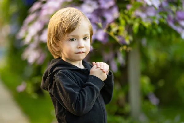 Liebenswerter Kleiner Junge Der Sich Einem Sonnigen Sommertag Freien Amüsiert — Stockfoto