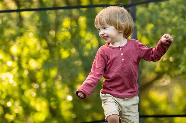 Cute Toddler Boy Jumping Trampoline Backyard Warm Sunny Summer Day — Stock Photo, Image