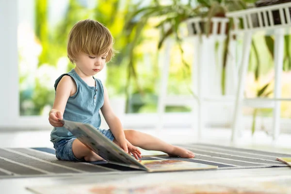 かわいい幼児の少年は自宅で床の上に子供向けの本を読んでいます 昼間のケア創造的な活動 おもちゃで遊んでいる子供たち 教育学習ゲーム ファミリーレジャー屋内 — ストック写真