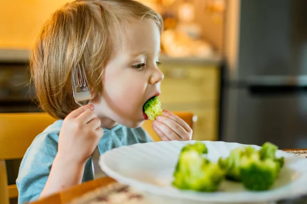 Bonito Menino Criança Comendo Brócolis Primeiros Alimentos Sólidos Legumes Orgânicos — Fotografia de Stock