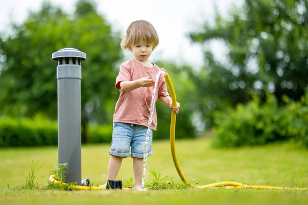 Cute Toddler Boy Watering Flower Beds Garden Summer Day Child — Stok fotoğraf