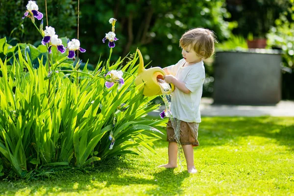 Милый Блондинчик Поливает Растения Поливая Горшок Открытом Воздухе Саду Ребенок — стоковое фото