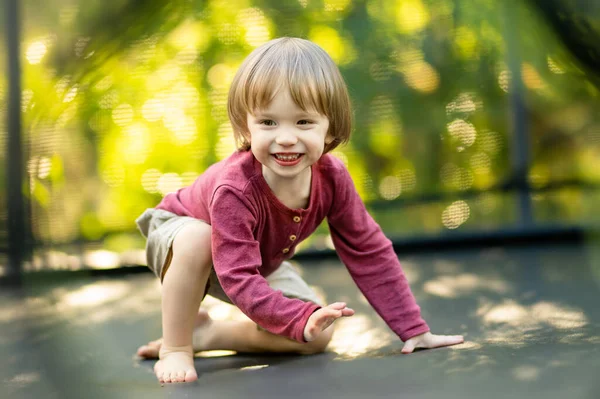 在温暖而阳光灿烂的夏日 可爱的幼儿在后院跳上蹦床 儿童体育和运动 夏季户外休闲活动 — 图库照片