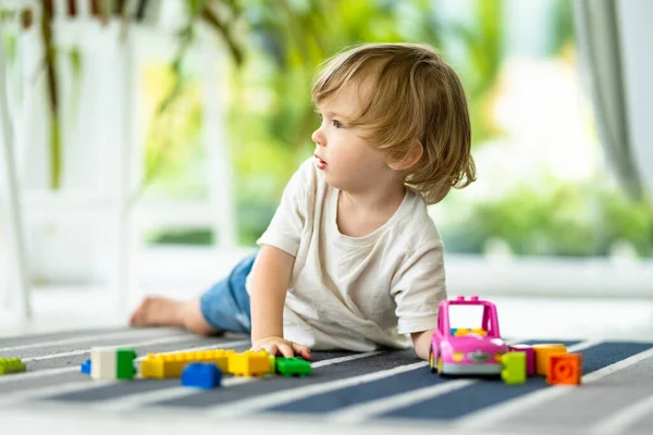 Cute Maluch Chłopiec Gra Bloków Zabawki Budowlane Ustawione Podłodze Domu — Zdjęcie stockowe