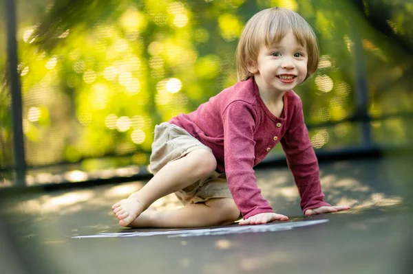 Lindo Niño Saltando Trampolín Patio Trasero Día Verano Cálido Soleado —  Fotos de Stock