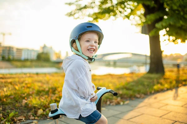 夏天的一天 小孩子骑着婴儿车在户外玩耍 真有趣 孩子们在小型自行车上训练平衡 幼儿暑期活动 — 图库照片