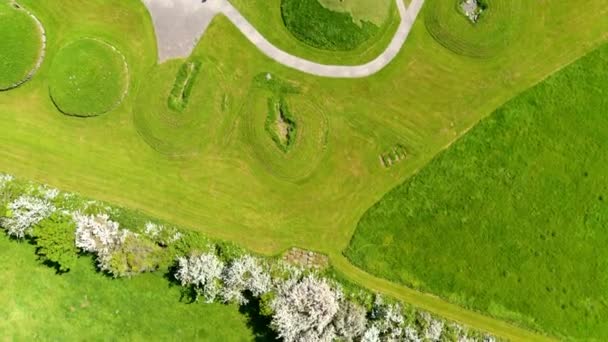知識の空中ビュー アイルランドで最も大きく 最も注目すべき古代の記念碑 世界遺産のブルナ ボイン川の渓谷の一部である壮大な先史時代の通路の墓 — ストック動画