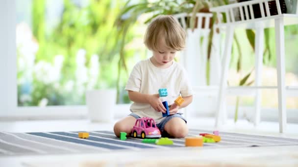 自宅で床に設定されたレゴブロックの建設で遊んでかわいい幼児の少年 昼間のケア創造的な活動 おもちゃで遊んでいる子供たち 教育学習ゲーム ファミリーレジャー屋内 — ストック動画