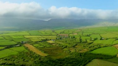 Uçsuz bucaksız yemyeşil otlakların ve Ireland 'ın Dingle Yarımadası' nın tarım arazilerinin havadan görünüşü. Zümrüt yeşili tarlaları ve çayırları olan güzel İrlanda kırsalları. Gün batımında kırsal alan.