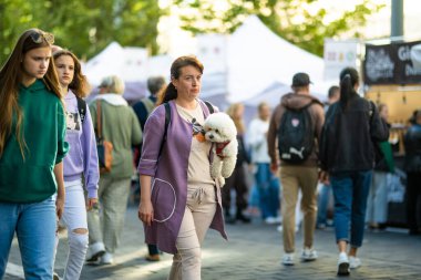 VILNIUS, LITHUANIA - 2 Eylül 2022: Litvanya ulusal topluluklarından ustaların sanatlarını, zanaatlarını, ulusal gelenekleri ve geleneklerini sundukları yıllık Uluslar Fuarı 'na katılan insanlar.