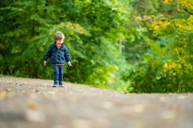 Komik çocuk güneşli bir sonbahar gününde dışarıda eğleniyor. Doğayı keşfeden çocuk. Şehir parkında yürüyen bir çocuk. Küçük çocuklar için sonbahar aktiviteleri.