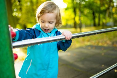 Tatlı çocuk, sıcak bir sonbahar gününde dışarıda oyun alanında eğleniyor. Sonbaharda küçük çocuklar için aktif eğlence.