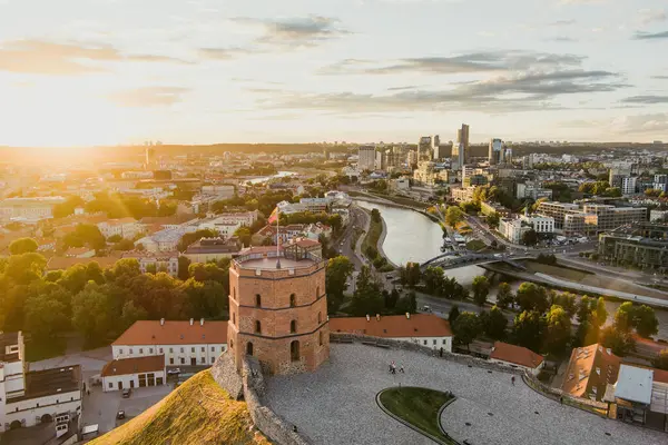 Aerial View Gediminas Tower Remaining Part Upper Castle Vilnius Sunset — Stock Photo, Image