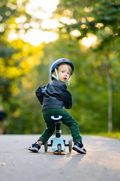 秋天的一天 一个小孩骑着一辆婴儿车在户外玩耍 真有趣 孩子们在城市公园用小型自行车训练平衡 儿童探索自然 幼儿秋季活动 — 图库照片
