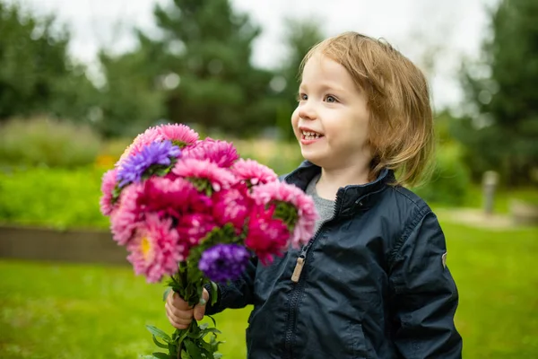Cute Toddler Boy Holding Bunch Colourful Aster Flowers Child Picking — Stock Photo, Image