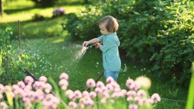Cute toddler boy watering flower beds in the garden at summer day. Child using garden hose to water vegetables. Kid helping with everyday chores. Mommys little helper.