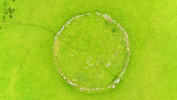 Aerial Rotating Top View Famous Beltany Stone Circle Impressive Bronze — Stock Video