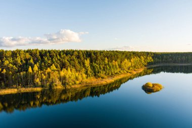 Gela Gölü 'nün güzel yeşil sularının havadan görünüşü. Çam ormanlarıyla çevrili zümrüt göl manzaralı kuş bakışı. Litvanya 'nın Vilnius kenti yakınlarındaki Gela gölünde yansıyan bulutlar.