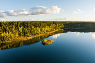 Gela Gölü 'nün güzel yeşil sularının havadan görünüşü. Çam ormanlarıyla çevrili zümrüt göl manzaralı kuş bakışı. Litvanya 'nın Vilnius kenti yakınlarındaki Gela gölünde yansıyan bulutlar.