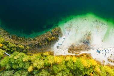 Gela Gölü 'nün güzel yeşil sularının havadan görünüşü. Çam ormanlarıyla çevrili zümrüt göl manzaralı kuş bakışı. Litvanya 'nın Vilnius kenti yakınlarındaki Gela gölünde yansıyan bulutlar.