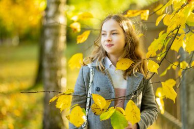 Sevimli genç kız güzel bir sonbahar gününde eğleniyor. Autumn Park 'taki mutlu genç portresi. Çocuklar için sonbahar etkinlikleri.
