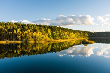 Gela Gölü 'nün güzel yeşil sularının havadan görünüşü. Çam ormanlarıyla çevrili zümrüt göl manzaralı kuş bakışı. Litvanya 'nın Vilnius kenti yakınlarındaki Gela gölünde yansıyan bulutlar.