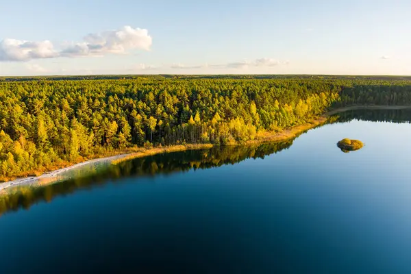 ジェラ湖の美しい緑の水の空中ビュー 松林に囲まれた風光明媚なエメラルド湖の鳥の目のビュー リトアニアのヴィリニュス市近くのジェラ湖に反射する雲 — ストック写真