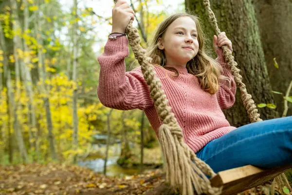 Pretty Young Girl Having Fun Playground Beautiful Autumn Park Cute — Stock Photo, Image