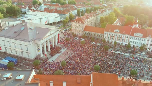 Flygfoto Över Folkmassor Firar Litauiska Statsdagen Massor Människor Sjunger Nationalsång — Stockvideo