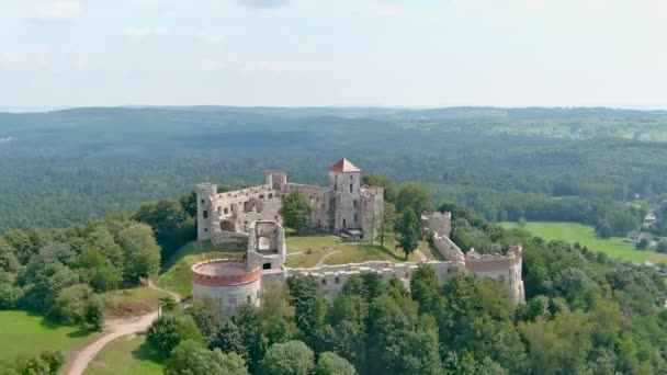 阳光明媚的夏日 空中俯瞰着鲁德诺天井城堡的废墟 以历史展览和山顶观光平台而闻名的旅游景点 波兰尤拉 — 图库视频影像