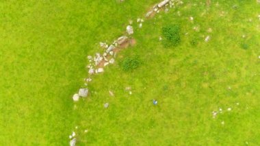 İrlanda 'nın Donegal İlçesi Raphoe kasabasının güneyinde bulunan ünlü Beltany taş çemberini keşfeden kadın turistin hava görüntüsü. M.Ö. 2100-700 yıllarından kalma..