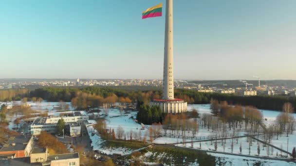 Giant Tricolor Lithuanian Flag Waving Vilnius Television Tower Celebration Restoration — Stock Video