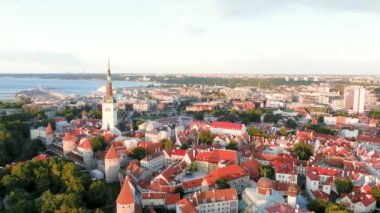 Güneşli bir yaz akşamında Tallinn Eski Kasabası ve Toompea Tepesi 'nin ikonik gökyüzü manzarası. Stenbock Evi, Patkuli platformu, savunma duvarları, çatılar. UNESCO Dünya Mirası sahası, Estonya
