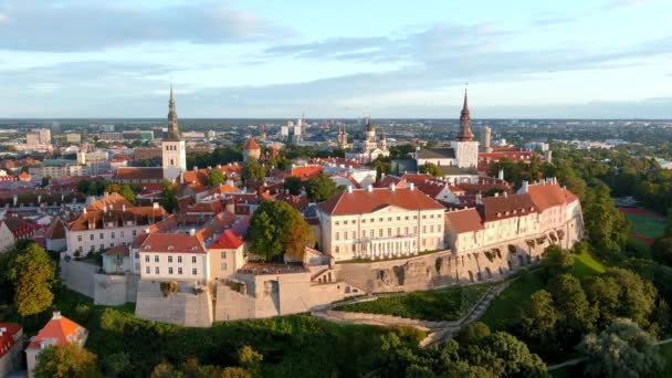 Иконический Воздушный Вид Старый Город Таллинна Холм Тоомпеа Солнечным Летним — стоковое видео