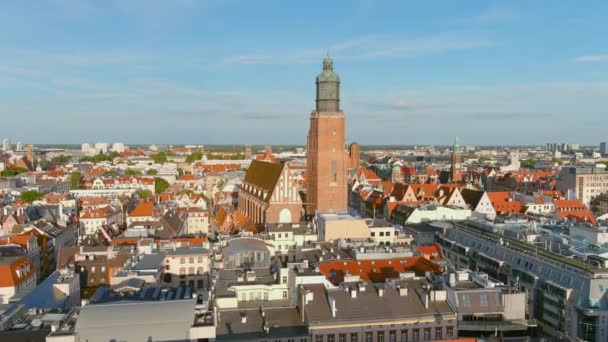 Aerial View Famous Elizabeths Church Iconic Building Wroclaw Old Town — Stock Video
