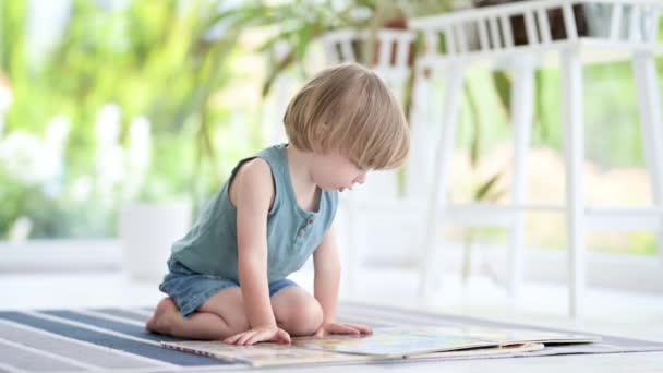 Filmaufnahmen Eines Niedlichen Kleinkindes Das Hause Bücher Auf Dem Fußboden — Stockvideo