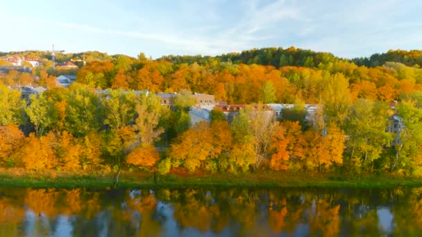 オレンジと黄色の葉で秋の美しいビリニュス市のパノラマ ナイリス川岸の空中展望 リトアニアのヴィリニュス市の景色 — ストック動画