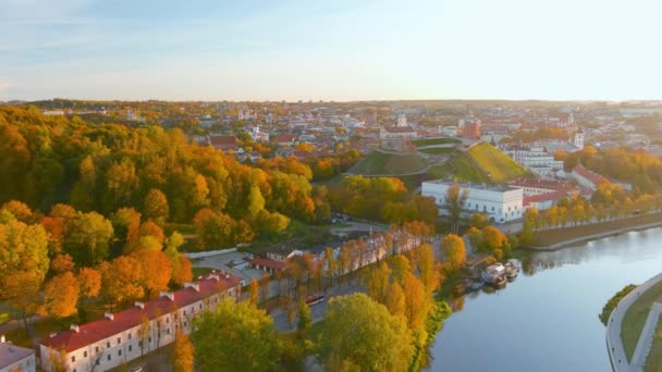 Beautiful Aerial Vilnius Old Town Panorama Autumn Orange Yellow Foliage — Stock Video