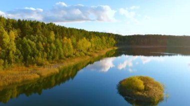 Gela Gölü 'nün güzel yeşil sularının havadan görünüşü. Çam ormanlarıyla çevrili zümrüt göl manzaralı kuş bakışı. Litvanya 'nın Vilnius kenti yakınlarındaki Gela gölünde yansıyan bulutlar.