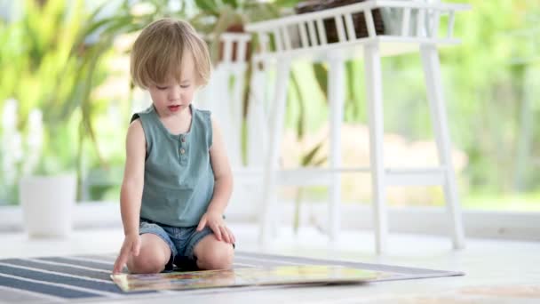 Evinde Yerde Kitap Okuyan Tatlı Bir Çocuğun Görüntüsü Var Gündüz — Stok video