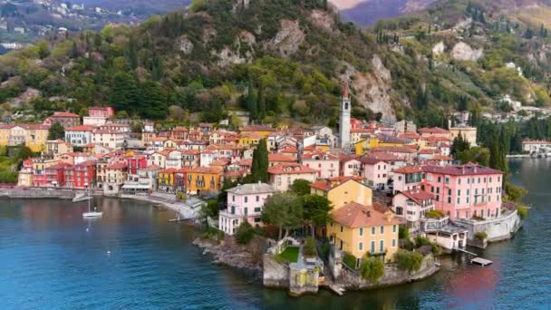 Aerial Beautiful Waterfront Cityscape Varenna One Most Picturesque Towns Located — Stock Video