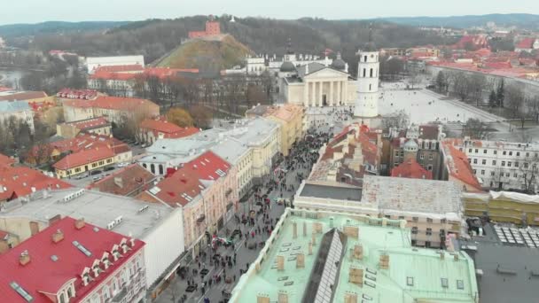 在维尔纽斯参加国庆日庆祝活动的数百人的空中照片 二月十六日的节日期间 在Gediminas大街上篝火熊熊燃烧 — 图库视频影像
