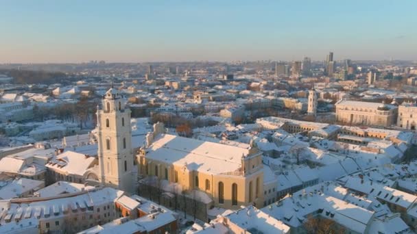 Belle Scène Ensoleillée Vilnius Hiver Vue Aérienne Début Soirée Paysages — Video